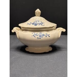 Vintage Homer Laughlin Blue Dresden Covered Sugar Bowl –Imperial Flowers Pattern